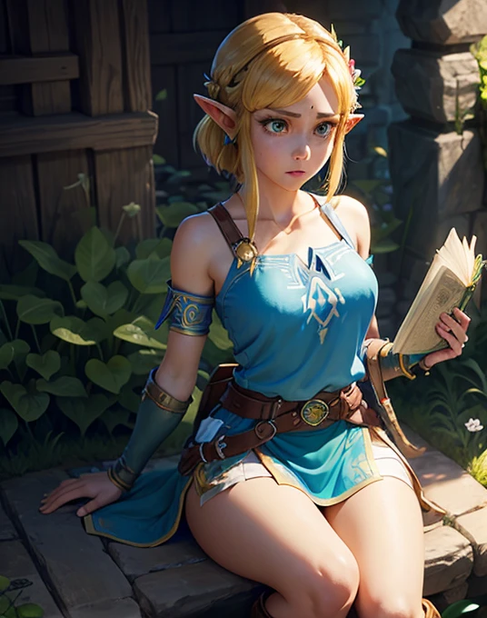 princess zelda, 1 girl, artist request, belt, by rubio, blue shirt, book, Boots, expressionless, Whole body, green eyes, High resolution, looking at the viewer, magic, Nintendo, mini skirt, pointy ears, shirt, short hair, simple background, Alone, the legend of Zelda, the legend of Zelda: Breath of the wild, the legend of Zelda: tears of the kingdom, flower made of light, magic, toned body