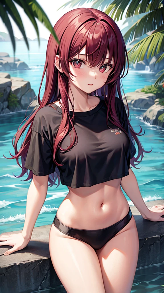 1_girl, solo, kei (dirty pair) (cosplay), 32-years-old femaile. Dark red long hair with bangs to the eyebrows. Wearing a T-shirt top and bikini bottom, waterfall background, upper body portrait 