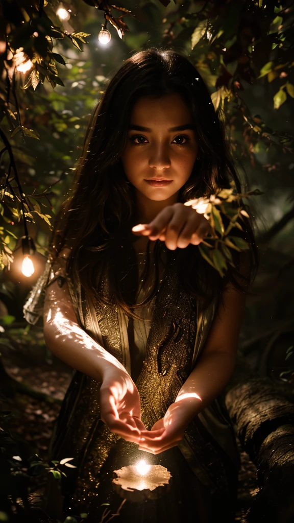 (close-up portrait of a young girl's hand touching an old tree, magical glowing light emanating from her fingertips, mystical fantasy atmosphere, highly realistic, detailed tree texture, cinematic lighting effects)