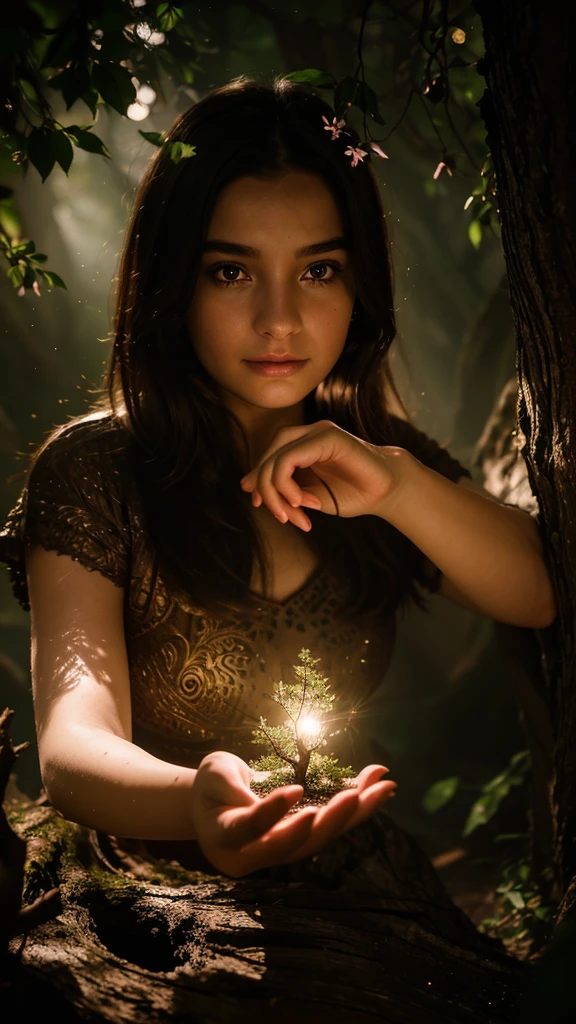 (close-up portrait of a young girl's hand touching an old tree, magical glowing light emanating from her fingertips, mystical fantasy atmosphere, highly realistic, detailed tree texture, cinematic lighting effects)