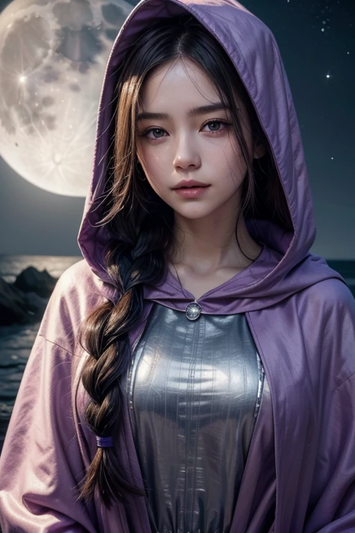 ,((best qualityer))),8k,((work of art)),(Extremely refined and beautiful), uma pintura digital de uma mulher com um manto roxo segurando uma esfera brilhante with covered eyes, beautiful calm face, with covered eye, long braided purple hair, the moon braided hair at the back of the head, shiny wizard clothes with wizard hood on head, a gentle expression on your face, seascape and universe light in the background, universe background, Full length, 真实感