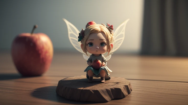 Little fairy against the background of a huge apple. ((elegance. photorealism. Unreal engine. 3D model. Ultra high quality textures. high detail. permission 8k))