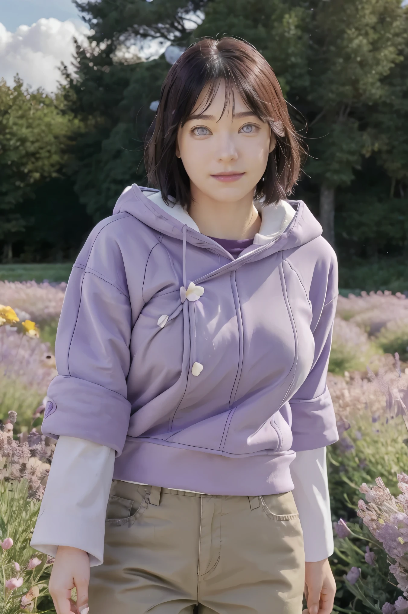 masterpiece, absurdres, hinata\(boruto\), 1girl, solo,mature female, purple hoodie,layered sleeves, brown pants,  outdoors,lavender flower field, looking at viewer, (falling petals), cloudy sky, perfect composition, detailed lips, big breast, beautiful face, body propotion, blush, (pink lips), long hair,  purple eyes,  soft gaze, sad smile,  super realistic, detailed, photoshoot, realistic face and body,  realistic hair, realistic eyes, realistic nose, realistic lips
