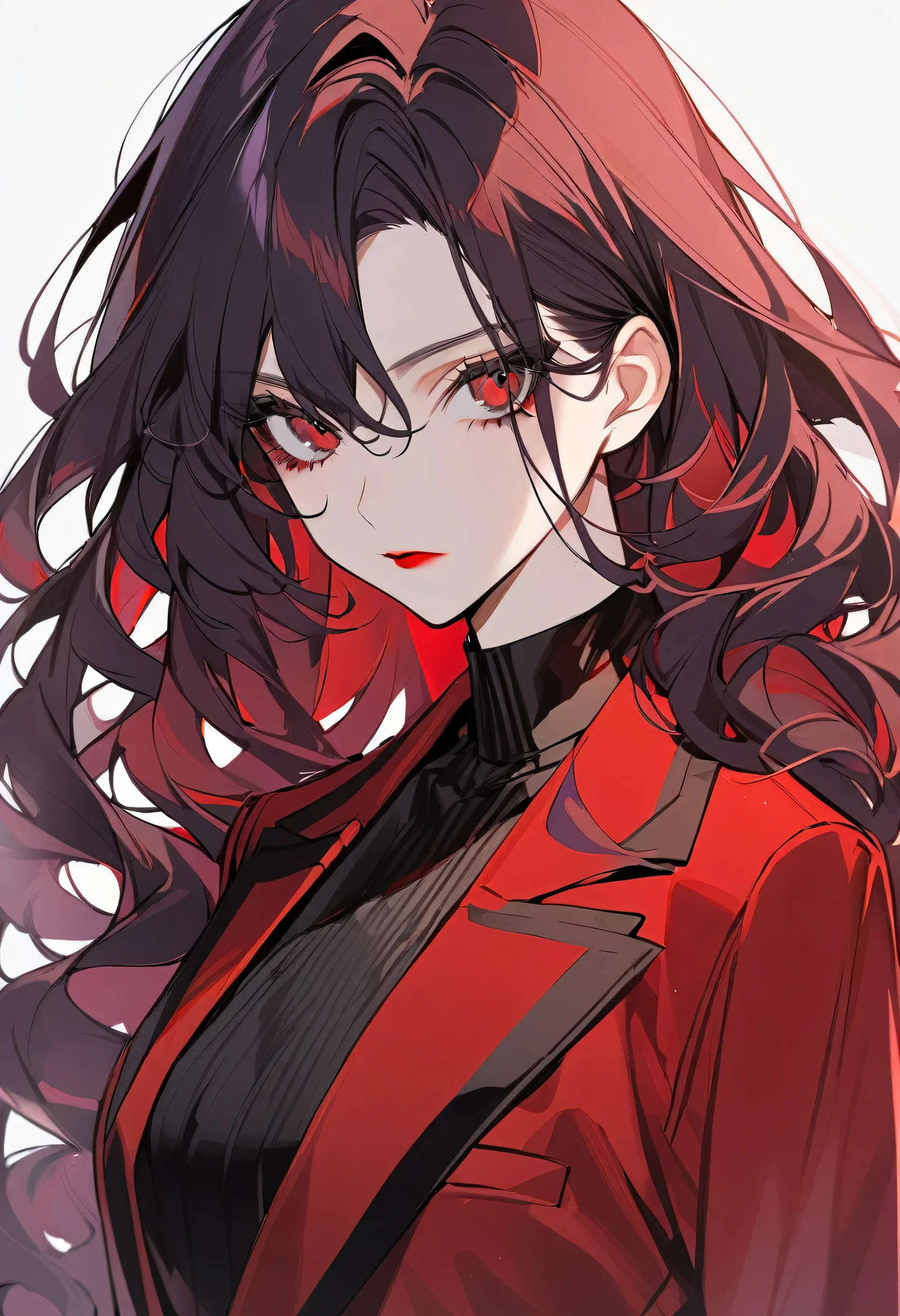 1girl, ((black long wavy hair)),dark red eyes, black eyeliner, red lipstick,dark purple-red suit,upper body,simple background,Expressionless,
