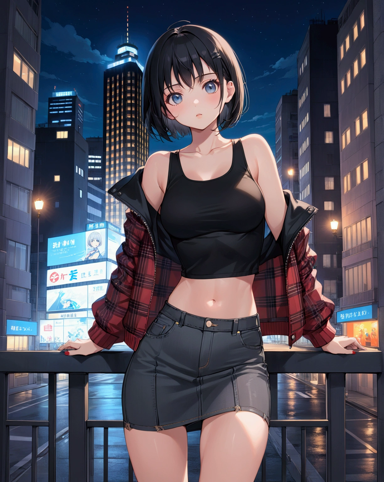 masterpiece, best quality, highly detailed background, perfect lighting, best quality, (extremely detailed face), volumetric lighting, intricate details, shadow, tonemapping, sharp focus, hyper detailed, trending on Artstation, (solo) ((Looking at the viewer)), ((city night background)) .Girl with medium black  hair.  Blue eyes. curvy. Blush, Clear skin.  Big bust. ((Scantily clad)) ((black, Goth, casual, clothes))
