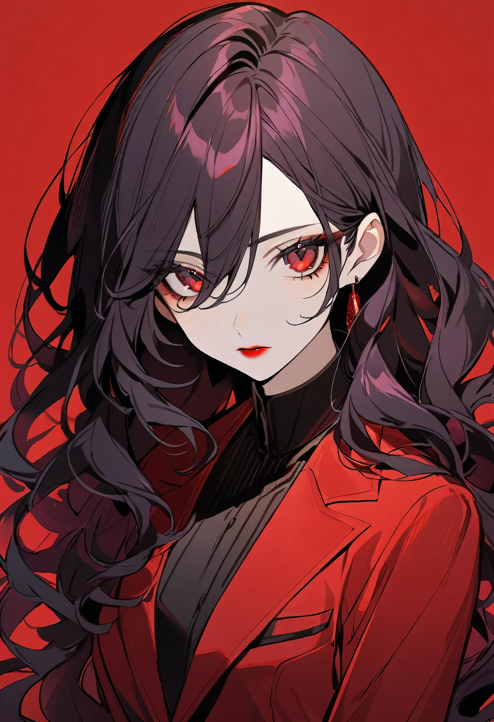 1girl, ((black long wavy hair)),dark red eyes, black eyeliner, red lipstick,dark purple-red suit,upper body,simple background,Expressionless,