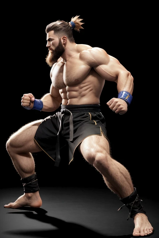 ((best qualityer)), ((game)), (detailded), 1 fighter for fighting game, muscular with beard , full body, 2d side view, fighting stance, tipo streetfighter, black background,