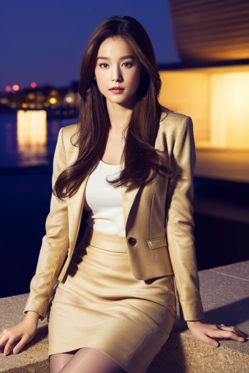 ((Highest quality、Ultra-high resolution、masterpiece))、(Full Body Portrait)、Beige blazer、(shirt)、(Beige long skirt:1.3)、(silk pantyhose)、High heels、(When sitting, both legs look beautiful.)、1 girl、(Large Breasts)、(Perfect Anatomy, Perfect body, Perfect hands, Perfect Face, Perfect Eyes, Accurate, Anatomically correct), Perfectly clear and sharp focus, ((Highest quality、Ultra-high resolution, masterpiece, Ultra-realistic))、Modern architecture at night on the background、Professional Lighting
