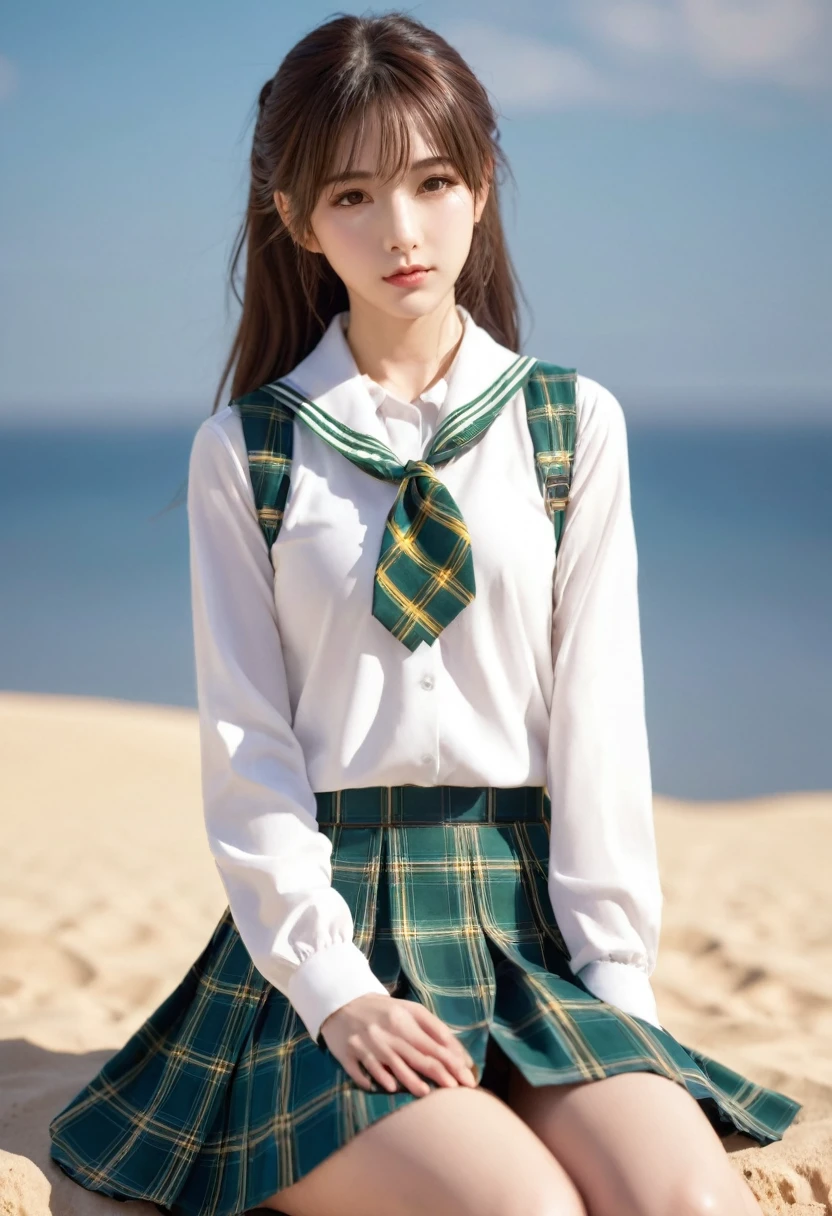 Top of the line CG, highest image quality, masterpiece,8k image quality, exquisite and delicate beautiful girl, ,Mikan Yuuki, brown eyes, brown hair, hair ornament,long hair,green plaid skirt, sainan high school uniform, school uniform, white shirt, yellow sweater vest,in desert,floating_clothes,(cum_on_body:1.3)