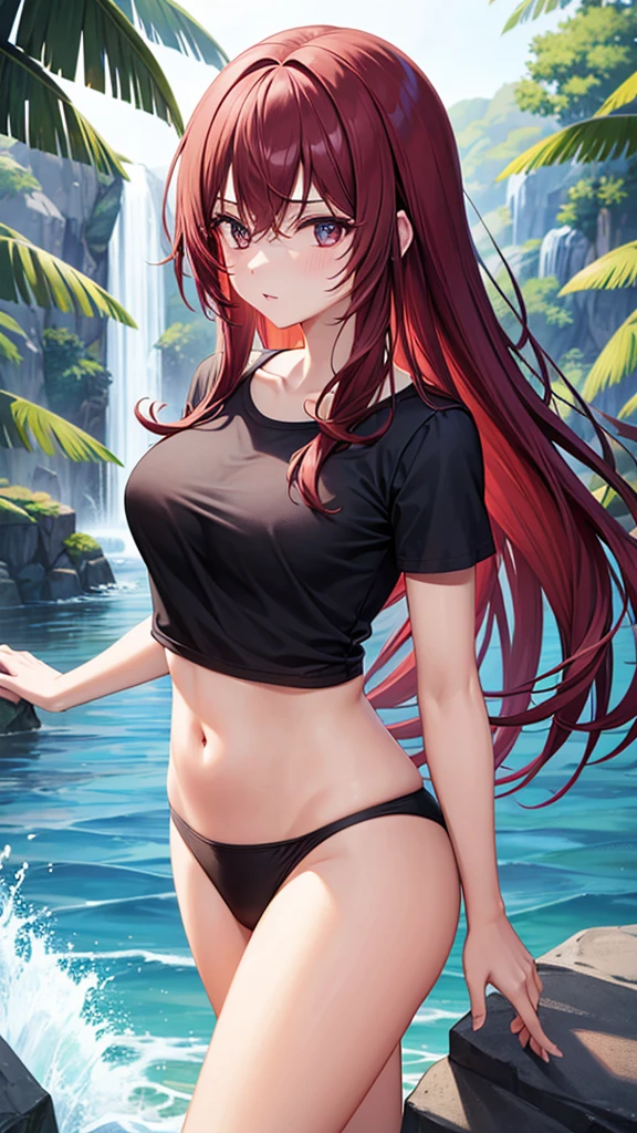 1_girl, solo, kei (dirty pair) (cosplay), 32-years-old femaile. Dark red long hair with bangs to the eyebrows. Wearing a black T-shirt top and bikini bottom, waterfall background, upper body portrait 