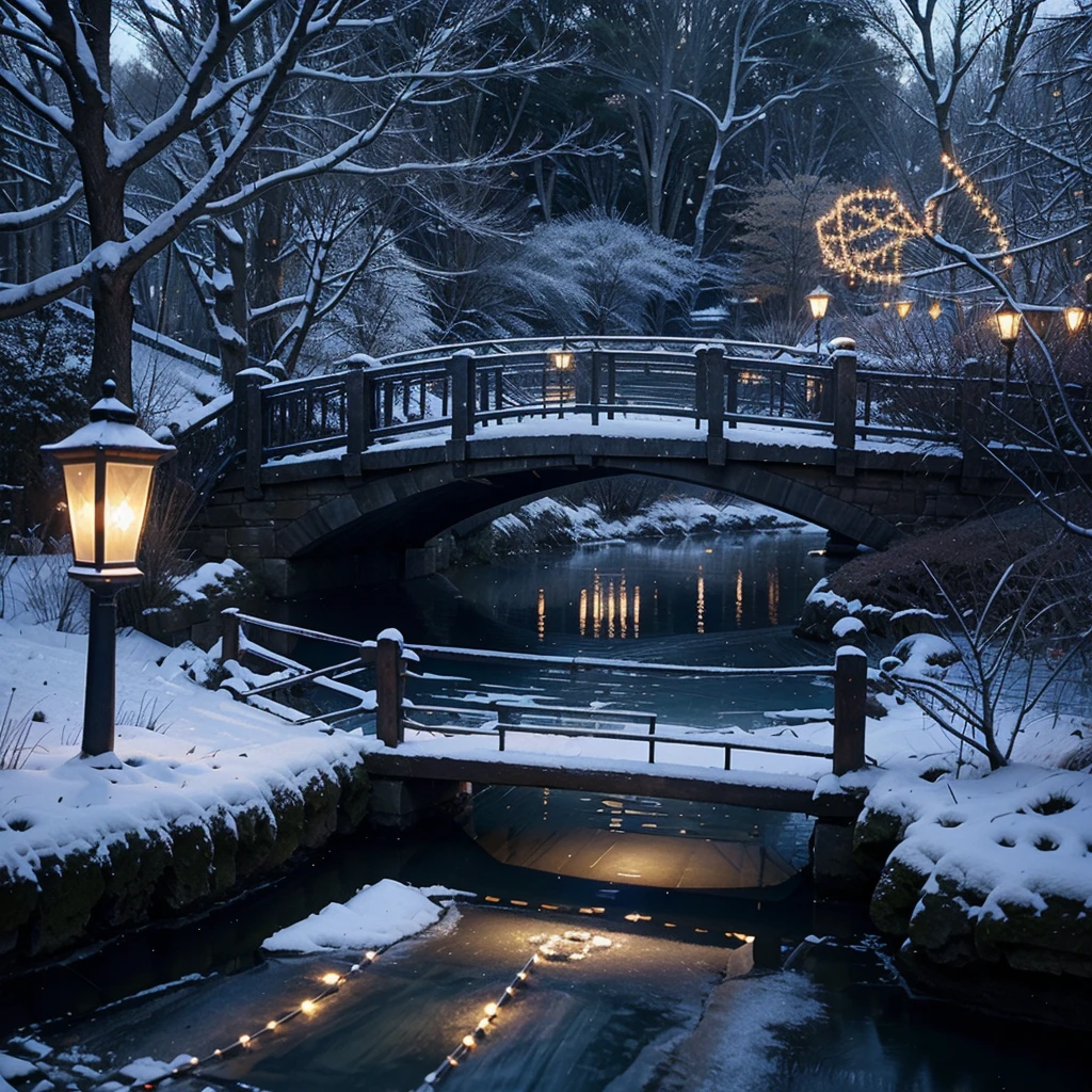 Crystal small bridge with railings and lanterns over a blue stream in winter