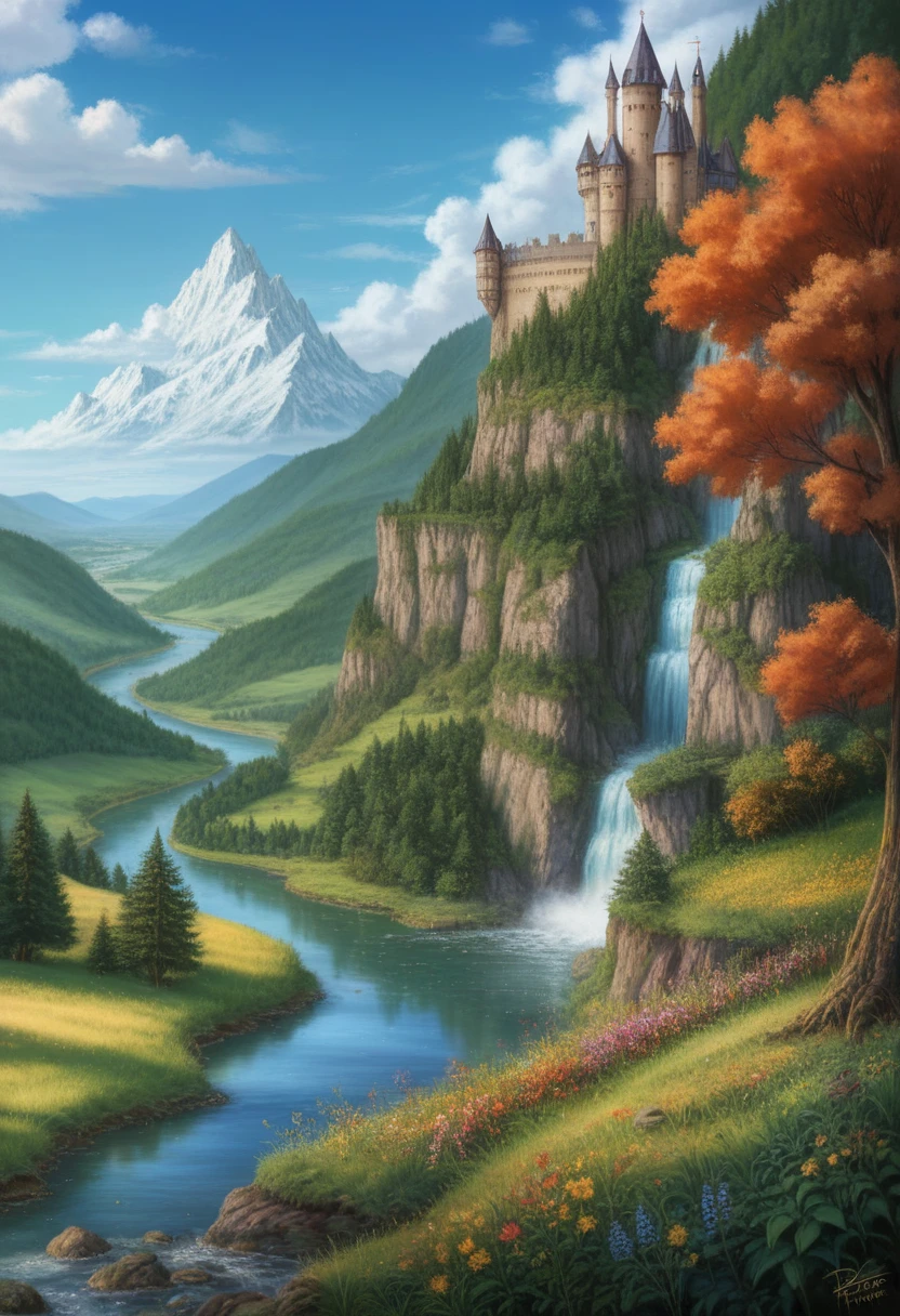 masterpiece, Best Quality, high quality, extremely detailed CG unit 8k wallpaper, landscape, exterior, sky, cloud, day, large medieval castle, nonhuman, Mountain, landscape, Water, tree, blue sky, Waterfall, cliff, nature, lake, river, village, autumn, cloudy sky, multicolored flowers, award-winning photography, bokeh, depth of field, HdR, bloom, chromatic aberration, photorealistic, extremely detailed, trend in artstation, trend in CG society, complex, High detail, dramatic, mid-journey art