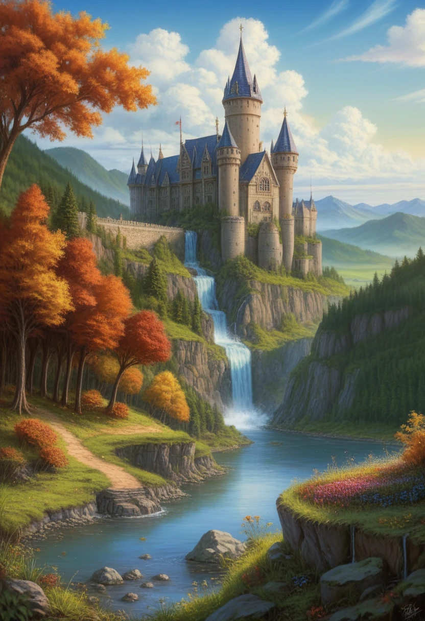 masterpiece, Best Quality, high quality, extremely detailed CG unit 8k wallpaper, landscape, exterior, sky, cloud, day, large medieval castle, nonhuman, Mountain, landscape, Water, tree, blue sky, Waterfall, cliff, nature, lake, river, village, autumn, cloudy sky, multicolored flowers, award-winning photography, bokeh, depth of field, HdR, bloom, chromatic aberration, photorealistic, extremely detailed, trend in artstation, trend in CG society, complex, High detail, dramatic, mid-journey art