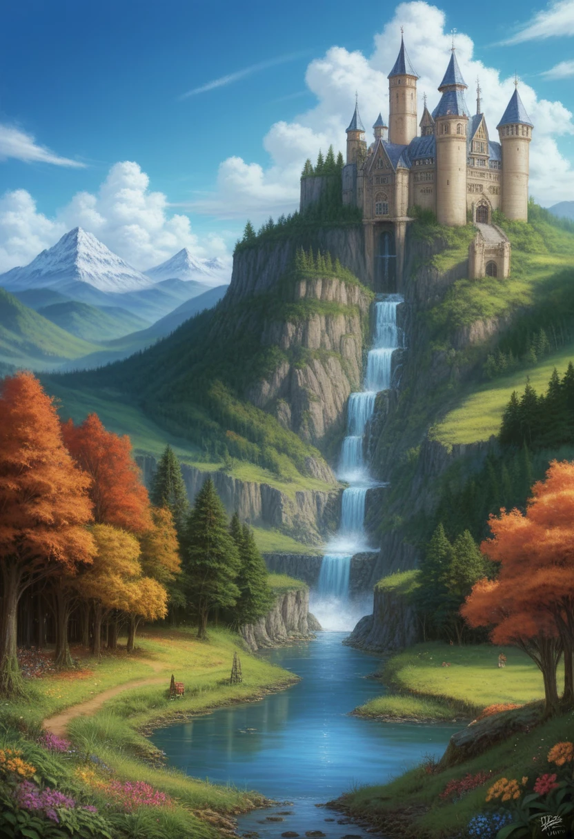masterpiece, Best Quality, high quality, extremely detailed CG unit 8k wallpaper, landscape, exterior, sky, cloud, day, large medieval castle, nonhuman, Mountain, landscape, Water, tree, blue sky, Waterfall, cliff, nature, lake, river, village, autumn, cloudy sky, multicolored flowers, award-winning photography, bokeh, depth of field, HdR, bloom, chromatic aberration, photorealistic, extremely detailed, trend in artstation, trend in CG society, complex, High detail, dramatic, mid-journey art
