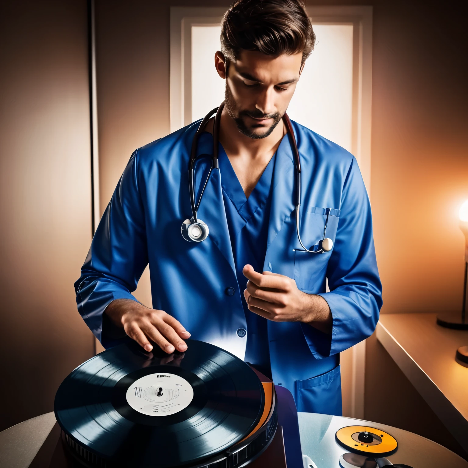 A doctor holding a vinyl record, high definition, volumetric lighting, speakers, calm background, handsome face