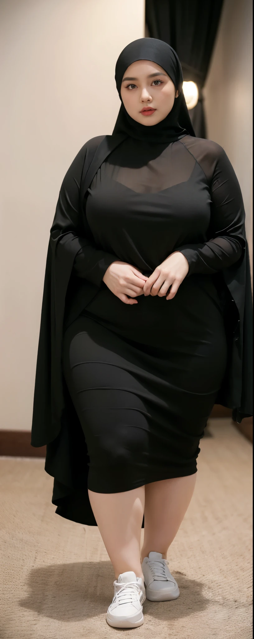 Milky white skin woman in black dress and hijab walking down the room, ,  hijab outfit, ,  hijab fashion model, plus size, plus size woman, ,  woman in black robes, beautiful woman, thicc, black outfit,, bbwchan , white sneakers , Height 170 cm, beautiful woman, with a beautiful appearance, a very beautiful masterpiece, a masterpiece of art, good lighting, Bright colors, Clean lines, .