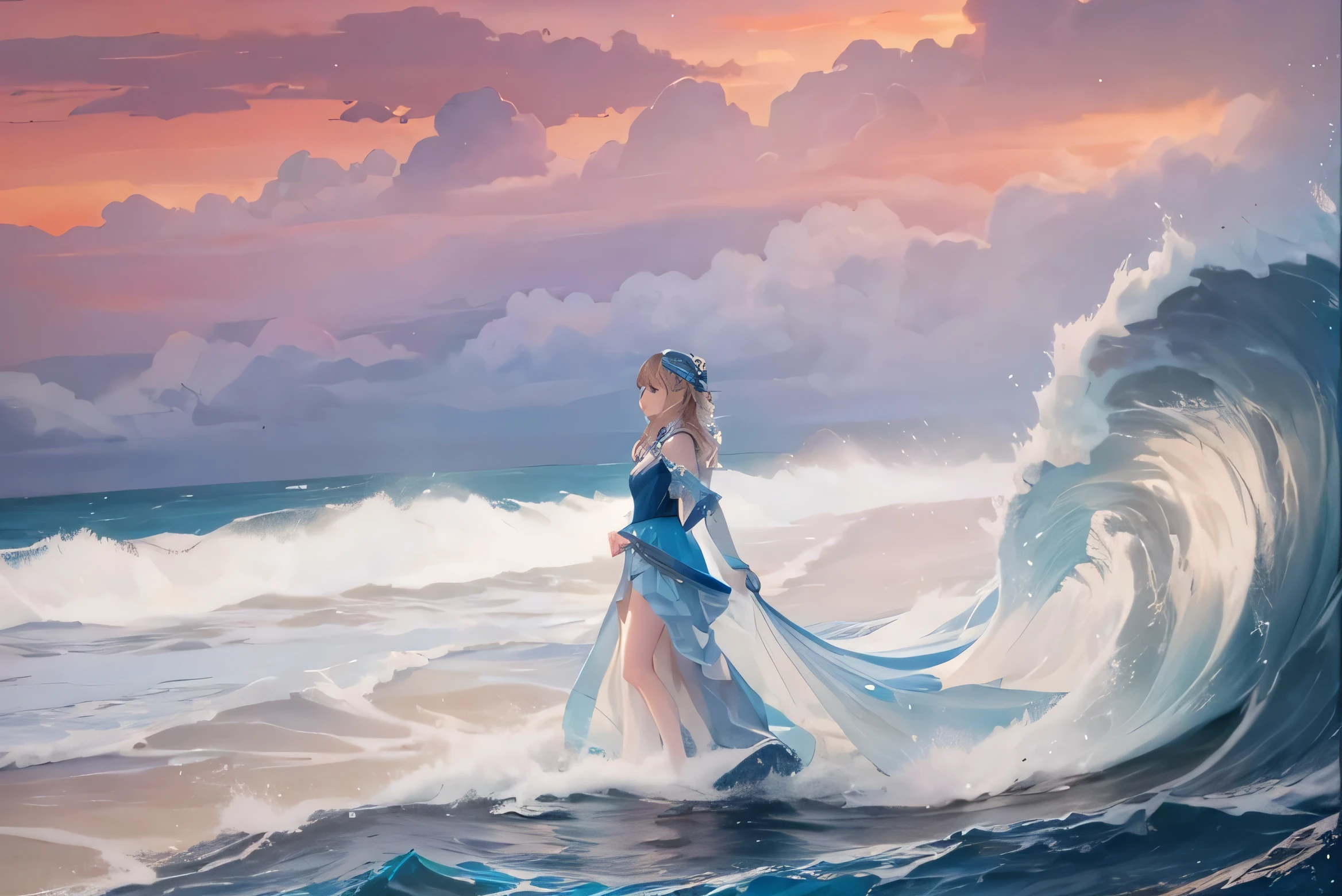 Girl goddess of water and sea. Stands in the stormy waves of the ocean. Against the background of an orange sunset and clouds. Blue nautical dress with crystals and diamonds, like from Poseidon's tales. fantasy.
