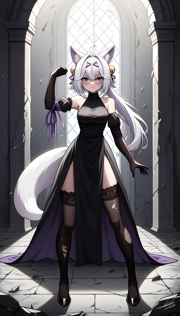 UHD, masterpiece, best quality, ((Night)), ((castle ruins)), ((battlefield)), ((destroyed empty throne)), ((destroyed walls)), broken glass, broken window, messy background, scary background, dramatic lighting, moody atmosphere, scary atmosphere, 1girl, solo, royalty, ((pageant pose)), conservative pose, black gown with purple ribbon, high lit dress with purple lining design, very elegant dress, Filian, ((fox tail)), ((small cat ears)), white hair, short hair, ((long hair ponytail)) , ahoge, hairclip, hair bell, big round eyes, deep purple eyes, ((dark purple eyes)), blush, closed mouth, seductive smile, black lace arm sleeve, black gloves, thick arms holding royal staff, ((black lace stockings)), thick legs, black high heals, Eye-Level Shot, full body pose, elegant pose, front view
