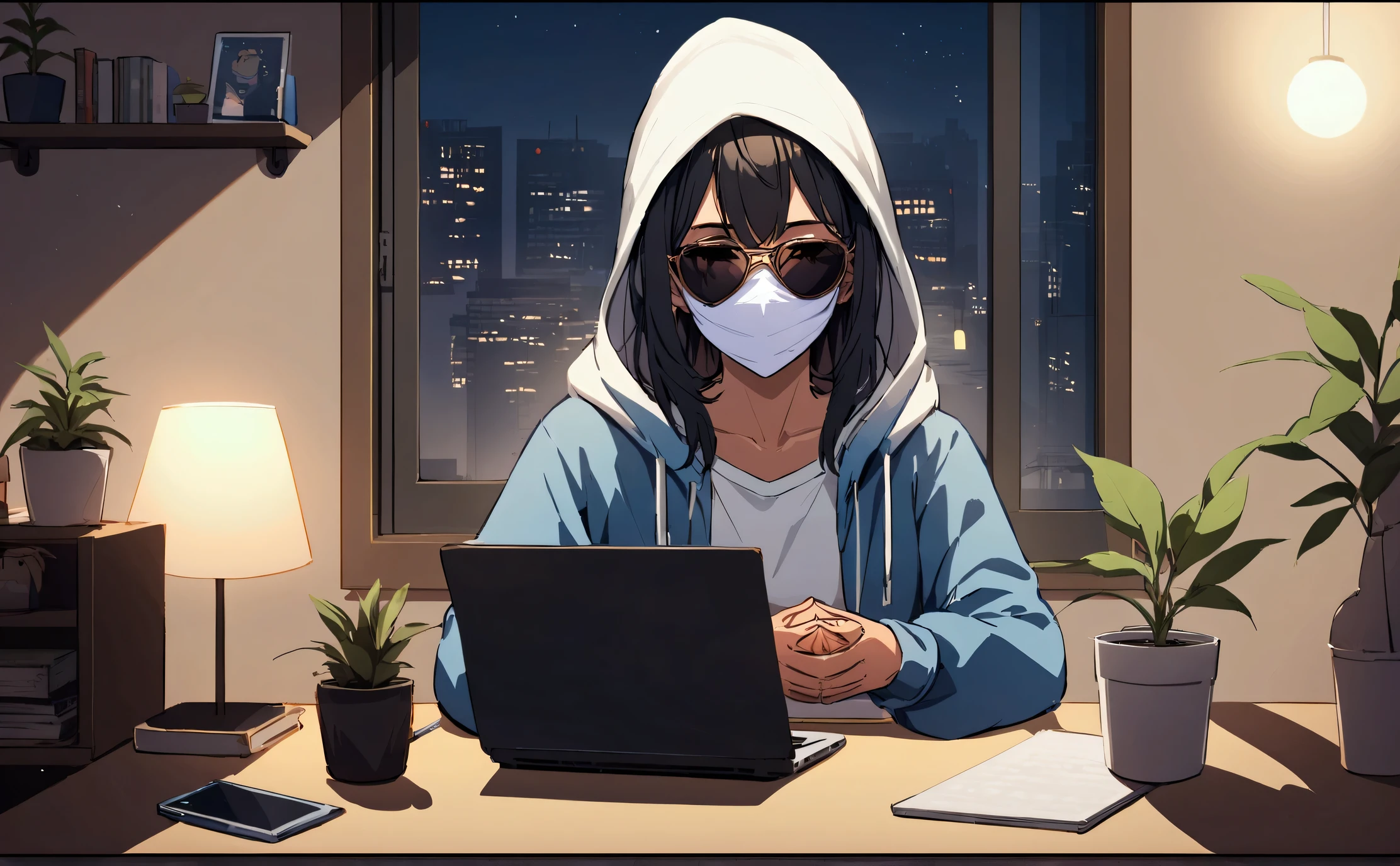 Digital illustration of a person sitting at a desk in a modern, dimly lit room with a cityscape visible through the window. The subject is wearing a light blue hoodie, sunglasses, and a white face mask, with short black hair. The desk features a laptop, a smartphone, a small potted plant, and a cup, all arranged neatly. The background includes a lamp with a warm light, another potted plant, and a few books. The overall color palette is a mix of warm and cool tones, creating a balanced and serene atmosphere.