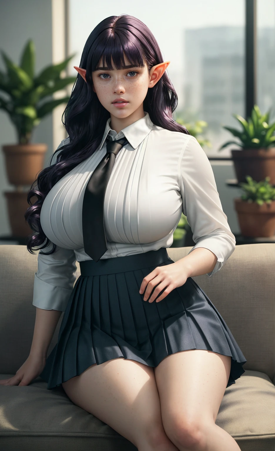 (masterpiece), (extremely intricate:1.3), (realistic), freckles, pale skin, (wavy dark purple hair with bangs and a fringe:1.2), (elf ears:1.1), portrait of a girl, short and curvy body type, thick, (enormous breasts:1.4), thick thighs, the most beautiful in the world, (long sleeve white shirt:1.1), (blue necktie:1.1), (black pleated skirt:1.2), detailed textures, natural beauty, in a trendy office building, sitting on a sofa in a room with lots of potted plants, sitting cross legged, professional photograph of a stunning woman detailed, looking at the camera, alluring stare, dreamlike quality, detailed eyes, sharp focus, dramatic, award winning, cinematic lighting, octane render unreal engine, volumetrics dtx, (film grain, blurry background, blurry foreground, bokeh, depth of field, motion blur:1.3)