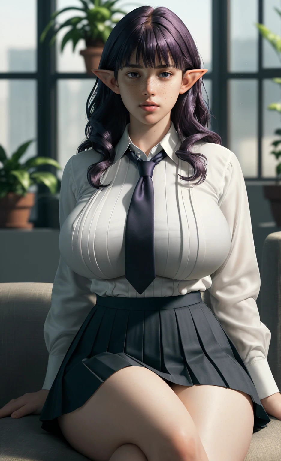 (masterpiece), (extremely intricate:1.3), (realistic), freckles, pale skin, (wavy dark purple hair with bangs and a fringe:1.2), (elf ears:1.1), portrait of a girl, short and curvy body type, thick, (enormous breasts:1.4), thick thighs, the most beautiful in the world, (long sleeve white shirt:1.1), (blue necktie:1.1), (black pleated skirt:1.2), detailed textures, natural beauty, in a trendy office building, sitting on a sofa in a room with lots of potted plants, sitting cross legged, professional photograph of a stunning woman detailed, looking at the camera, alluring stare, dreamlike quality, detailed eyes, sharp focus, dramatic, award winning, cinematic lighting, octane render  unreal engine,  volumetrics dtx, (film grain, blurry background, blurry foreground, bokeh, depth of field, motion blur:1.3)