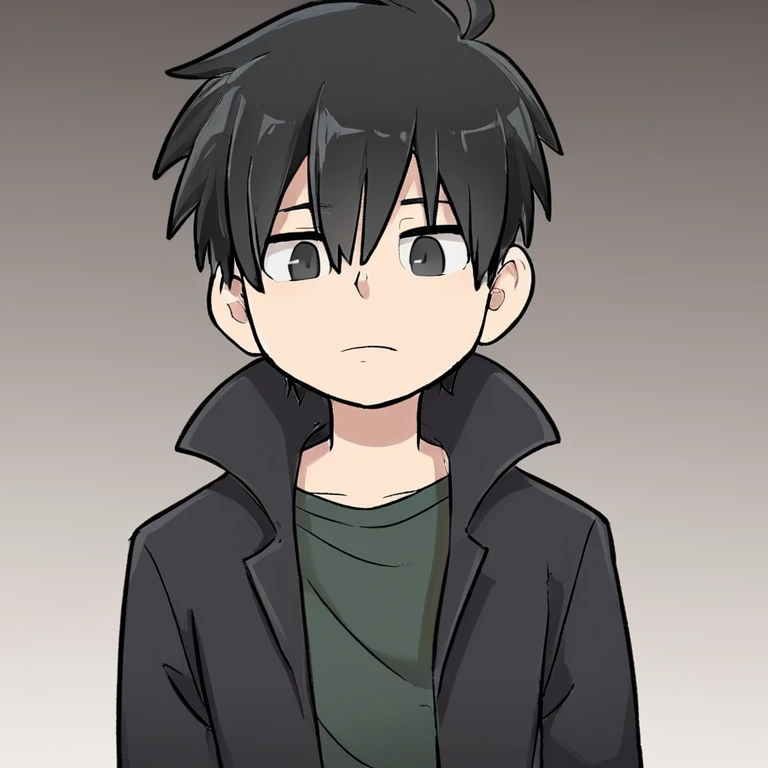a boy wearing a black overcoat, with black hair, with black eyes cartoon style art