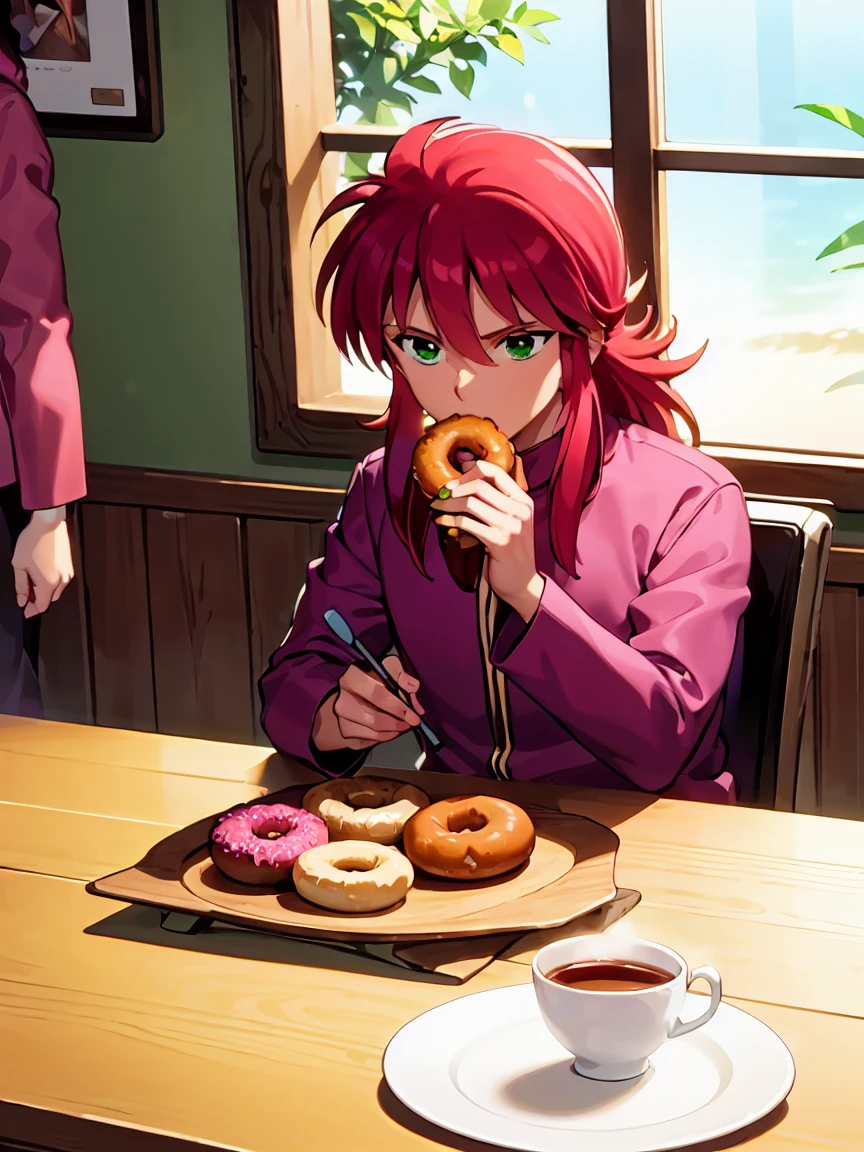 Iced donuts, {Eating a donut}, Cafe, Window, table, Tea cup, Donuts on a wooden plate, sit, One boy, flower, Long Hair, Redhead, Green Eyes, Contrasting, pink , pink uniform, Attention to detail,