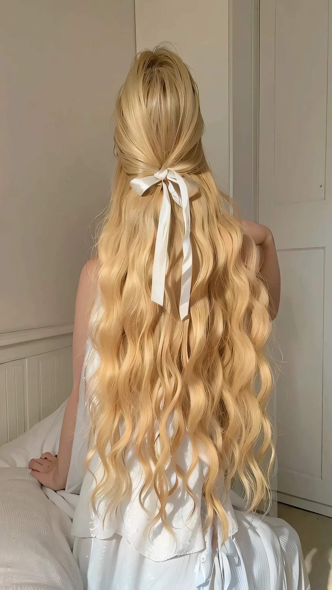 hay una mujer con un lazo blanco en la cabeza, arco grueso, lazo para el pelo, cinta en su pelo, wearing lazo para el pelo, arcos, pelo largo blanco ondulado, pelo de cola de caballo blanco, pelo blanco largo y ondulado, cintas de pelo ?????, pelo largo blanco detallado, cola de caballo de pelo plateado, Arco ornamental, cabello elegante, cinta grande, blanco - pelo rubio, cabello suelto, lazo, boda