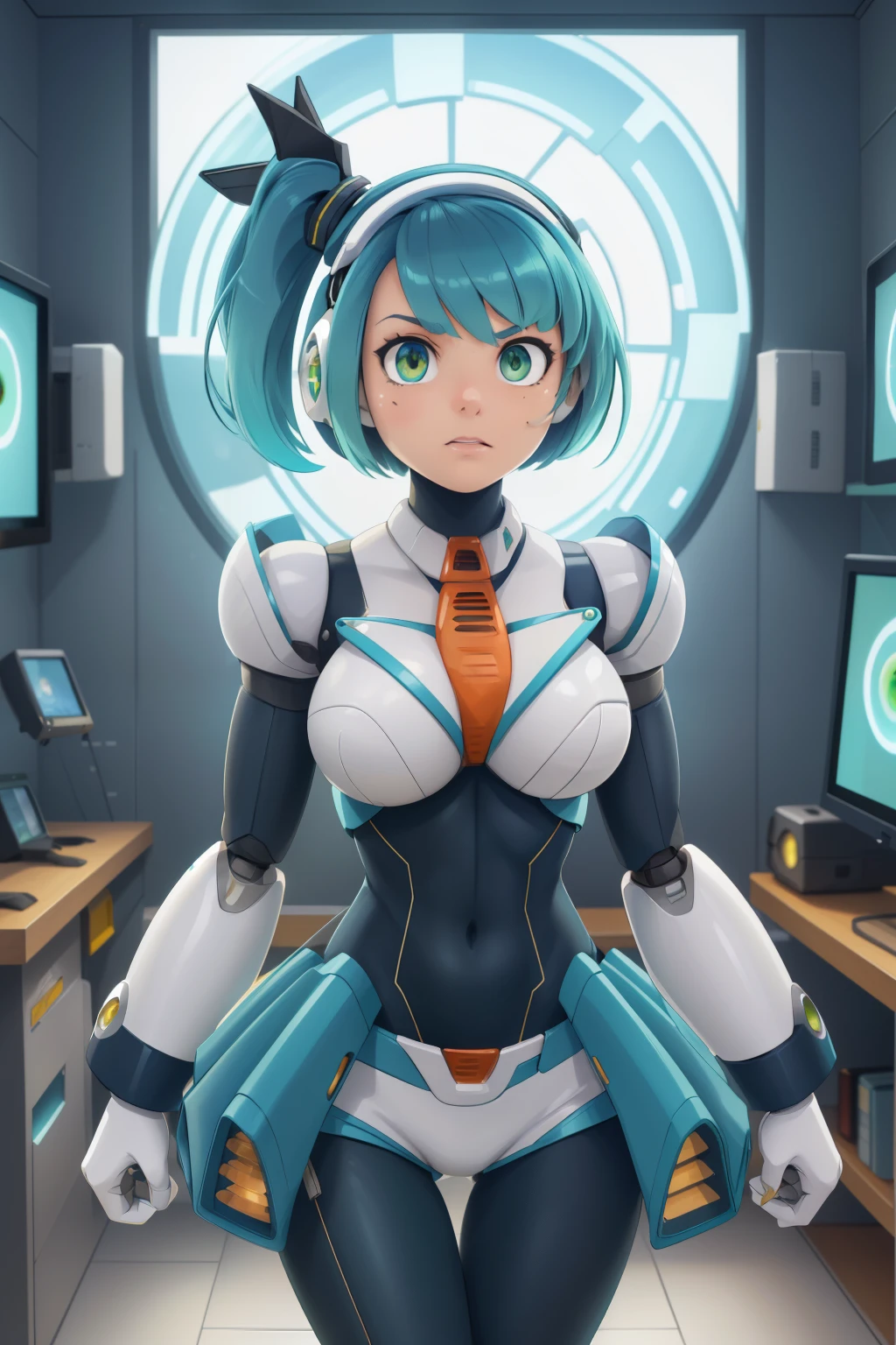 ultra detailed photo of a woman cyborg, 1girl, photorealistic, (natural skin texture, realistic eye details:1.2) ricomega_manx, alone, breasts, green eyes, blue hair, Android, short hair, side ponytail, robot ears, artwork, high quality, hypnotized, spiral eyes, blank stare, in the bedroom, standing at attention