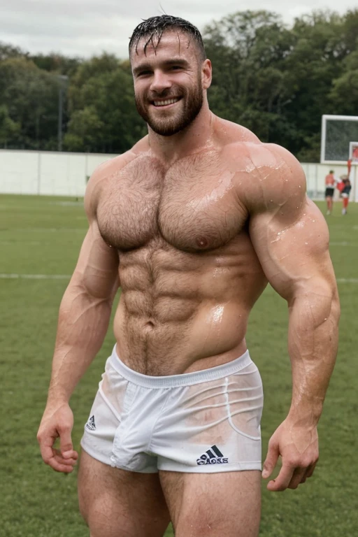 2 male rugby players::3 smiles ,very wet ,
, on the playing field ,backwards , manly, shirtless , translucent white jockstrap , you can see his virile member , tight and very wet great stocky body very hairy chest, thick and hairy legs ,