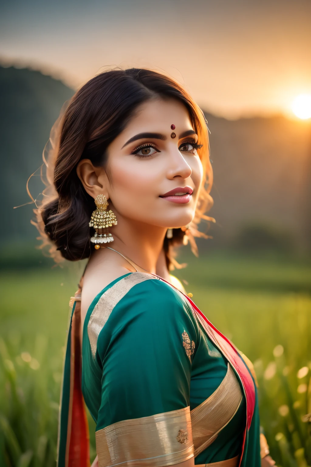 A beautiful sunrise over rice fields in India, Indian farmers harvesting rice, beautiful detailed eyes, beautiful detailed lips, extremely detailed eyes and face, long eyelashes, traditional Indian clothing, serene rural landscape, golden hour lighting, warm color tones, soft focus, photorealistic, 8k, high resolution, masterpiece, ultra-detailed, professional photography, vibrant colors, natural lighting, cinematic composition