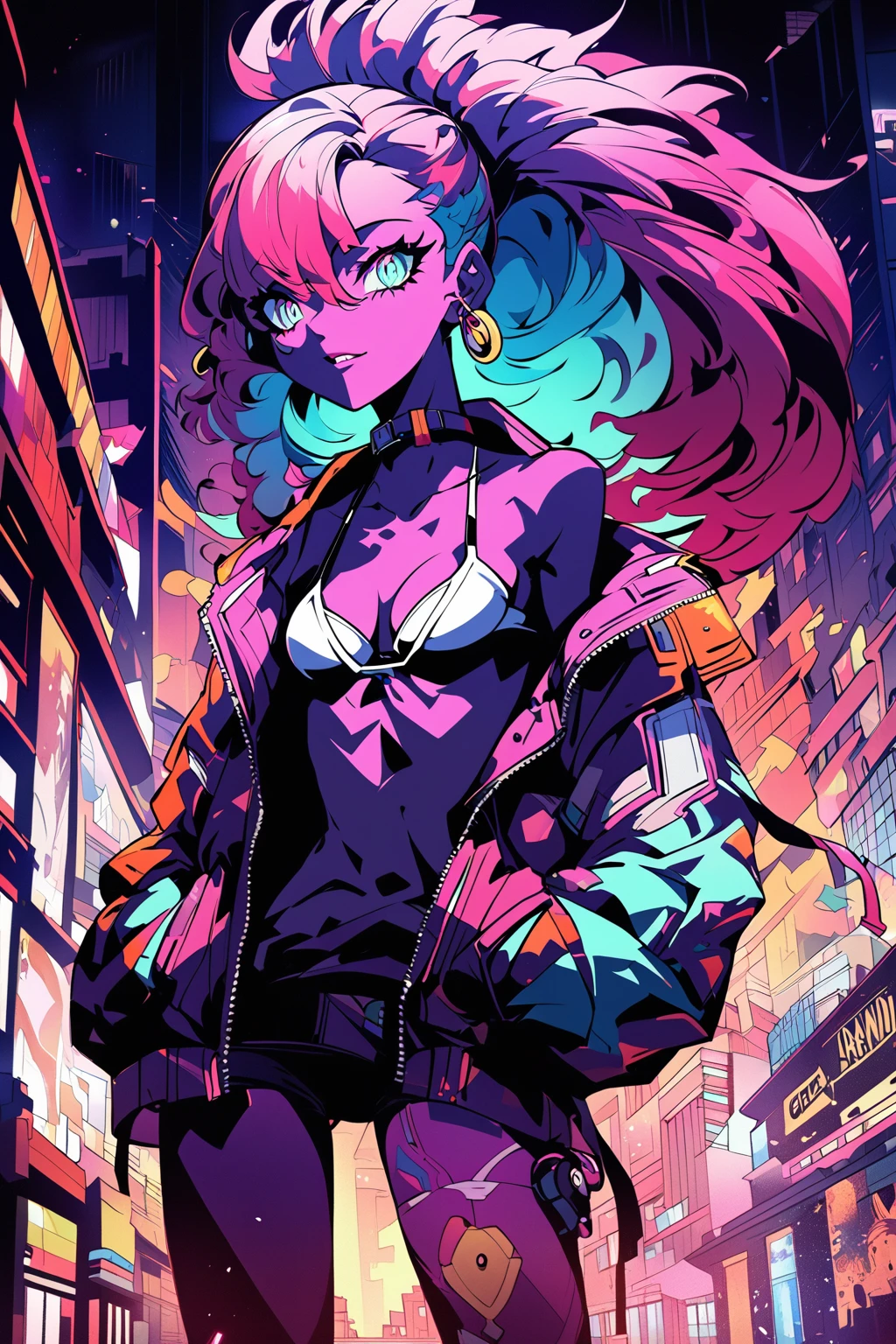 a close up of a woman in a bikini and a jacket, Lost Draw | Afrofuturism, Lost Draw cartoon vibrant, Anime manga girl, Gweiz-style artwork, Lostland Style, Danganronpa digital art, Afrofuturism anime, City Girl Fan Art, Digital anime illustration, Anime atmosphere, Anime-style artwork, Anime style digital art