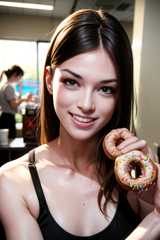 （A beautiful Stoya, Real person, Detailed body）,midriff, fair skin,（eating a donuts sensually, donut crums on cleavage）, maximum definition, perfect teeth, super detailed language, inside cafe（（A composition of a match with momentum and hair swaying, Live Action））,, delicious donut, holding a creamy donut that is covered in sprinkles, creamy donut、、Sweat is sexy、（（Beautiful athletics competition））、Your smile is so refreshing 