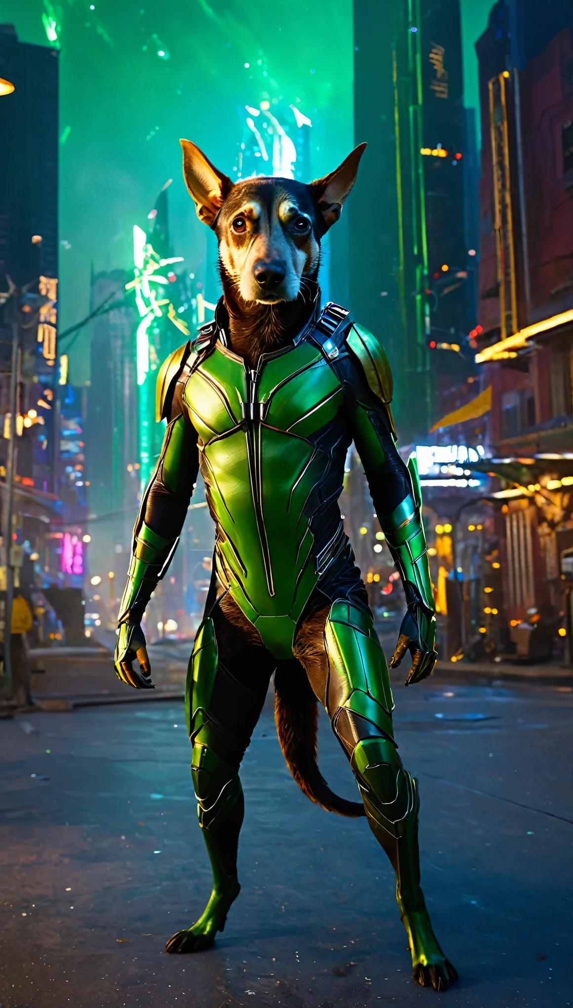A dog dressed as Mantis in the Guardians of the Galaxy suit,Look dog,Antenna from the forehead,Bipedal,Muscular,Cityscape in the background, Cinema Lighting, Very detailed, 8k, Realistic, Studio Lighting, Intricate details, Dynamic pose, Shiny metal texture, Glowing repulsor effect, Atmospheric fog, Vibrant colors, Dramatic Shadows, Volumetric lighting