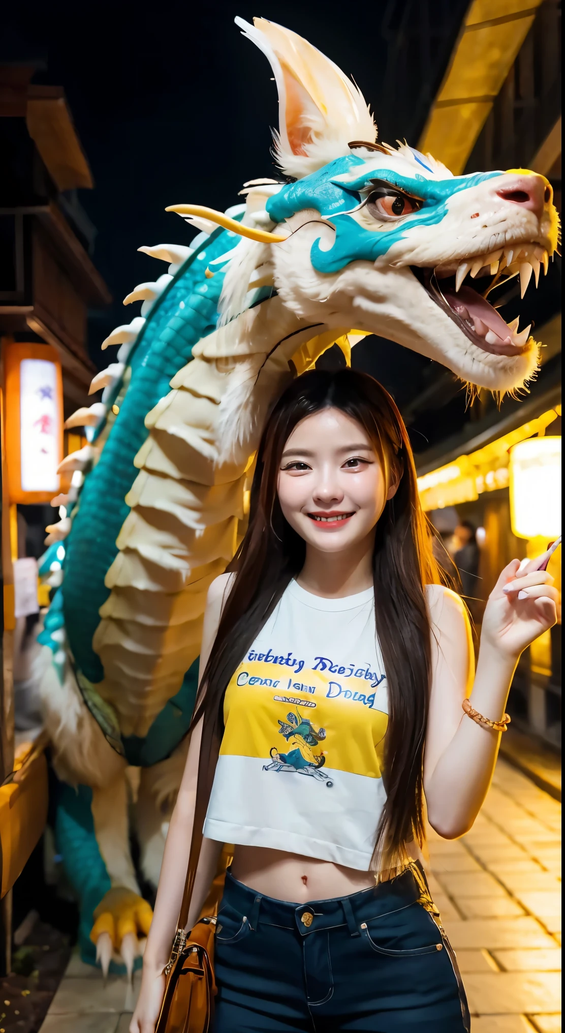 1girl, masterpiece, best quality, making friends with the Chinese dragon, fun, happy, bright, loong,