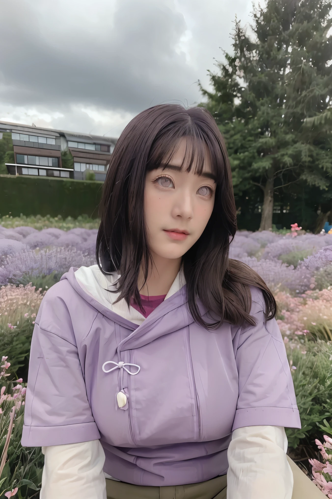 masterpiece, absurdres, hinata\(boruto\), 1girl, solo,mature female, purple hoodie,layered sleeves, brown pants,  outdoors,lavender flower field, looking at viewer, (falling petals), cloudy sky, perfect composition, detailed lips, big breast, beautiful face, body propotion, blush, (pink lips), long hair,  purple eyes,  soft gaze, sad smile,  super realistic, detailed, photoshoot, realistic face and body,  realistic hair, realistic eyes, realistic nose, realistic lips