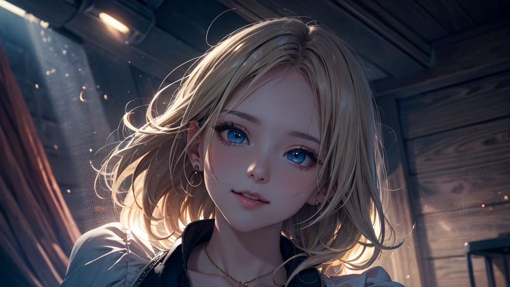 masterpiece),(top-quality:1.2),1girl in,(masuter piece:1.3),exquisitedetails, Highest quality 8K resolution, Ultra-detailed, Realistic, Vibrant colors, Soft tones, With warm and gentle lighting,(Smooth straight blonde hair:1.2),(Hair parted in the middle:1.3),(Glowing hair),(Dark blue eyes:1.3),White skin, hair clips,Small necklace,A gentle feeling overflows,The sun's rays illuminate joy and pure love, Warm golden glow,The atmosphere is full of happiness and laughter, As if celebrating love,Ultra-detailed depiction and vivid colors,A style that combines romanticism and realism,depth of love,color palettes,Create an ethereal atmosphere like a dream,Lighting is soft and diffused,masterpiece artwork,light light on the face,