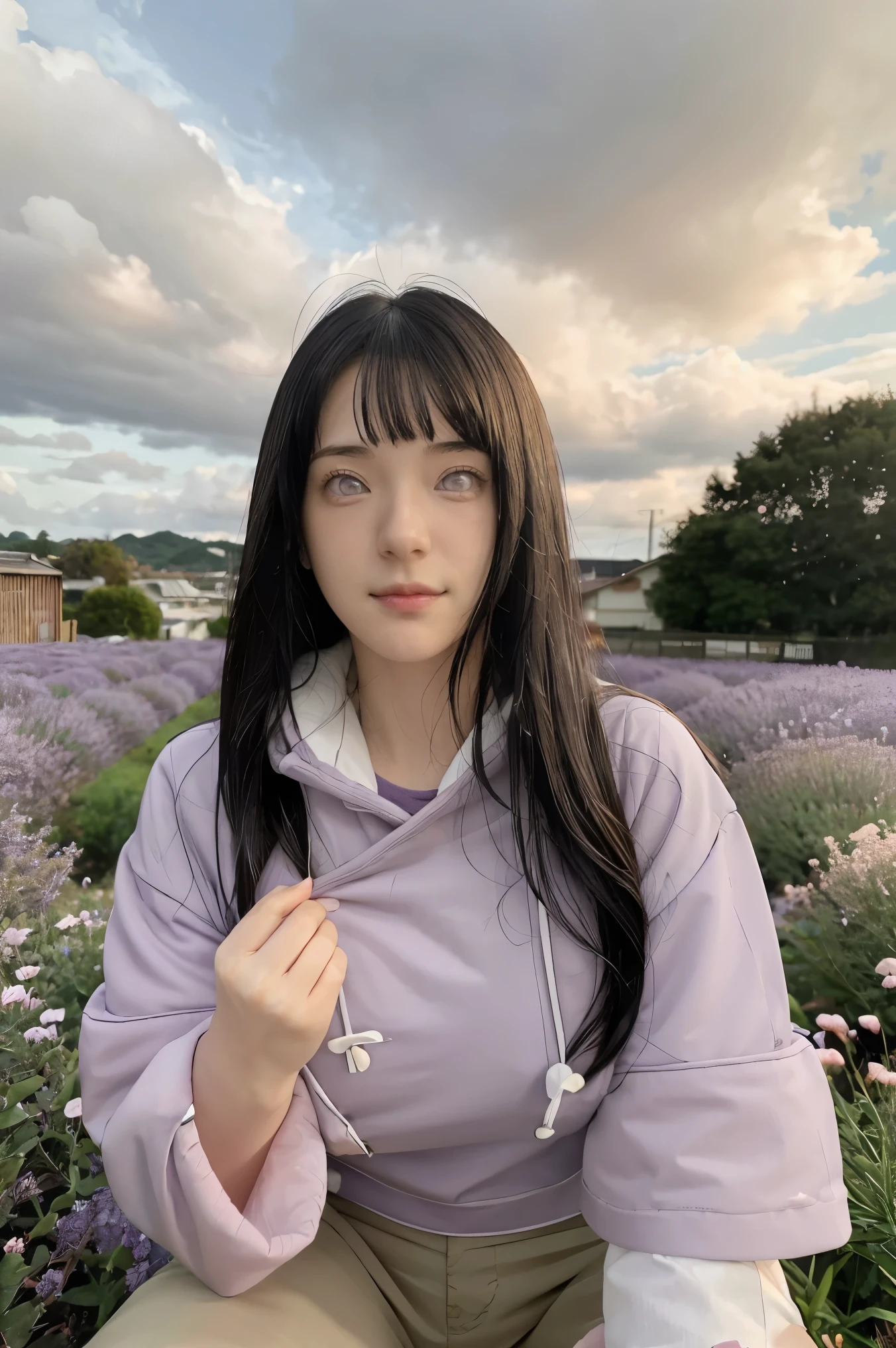 masterpiece, absurdres, hinata\(boruto\), 1girl, solo,mature female, purple hoodie,layered sleeves, brown pants, outdoors,lavender flower field, looking at viewer, (falling petals), cloudy sky, perfect composition, detailed lips, big breast, beautiful face, body propotion, blush, (pink lips), long hair, purple eyes, soft gaze, sad smile, super realistic, detailed, photoshoot, realistic face and body, realistic hair, realistic eyes, realistic nose, realistic lips