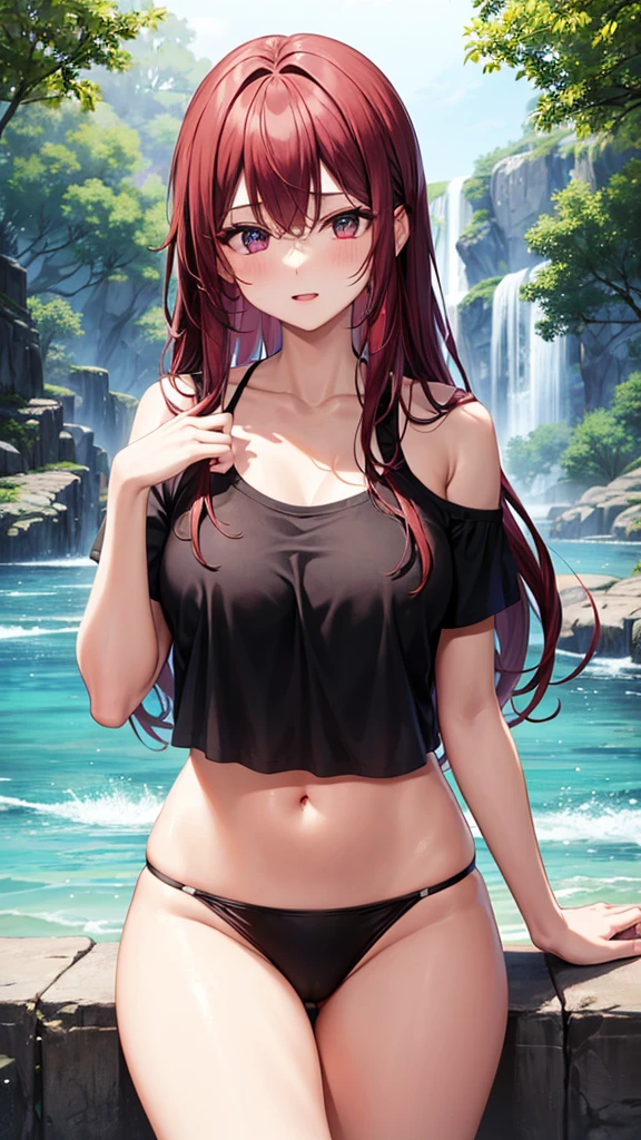 1_girl, solo, kei (dirty pair) (cosplay), 32-years-old femaile. Dark red long hair with bangs to the eyebrows. Wearing a black T-shirt top and bikini bottom, waterfall background, upper body portrait , back turned