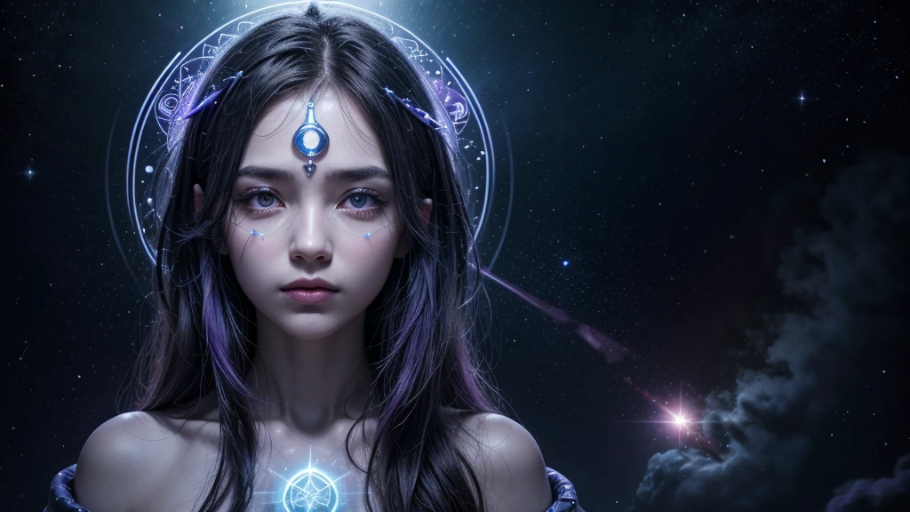 person with blue skin with cosmic eye inside, with stars on the forehead wearing white and symbolic necklace and planets around ipyhweioyre pioityewrt 4597ebhd ikujtywert klyhuifwgef wewet kyhuioyoqewr p;ut2qe ASDNAKLHASD g