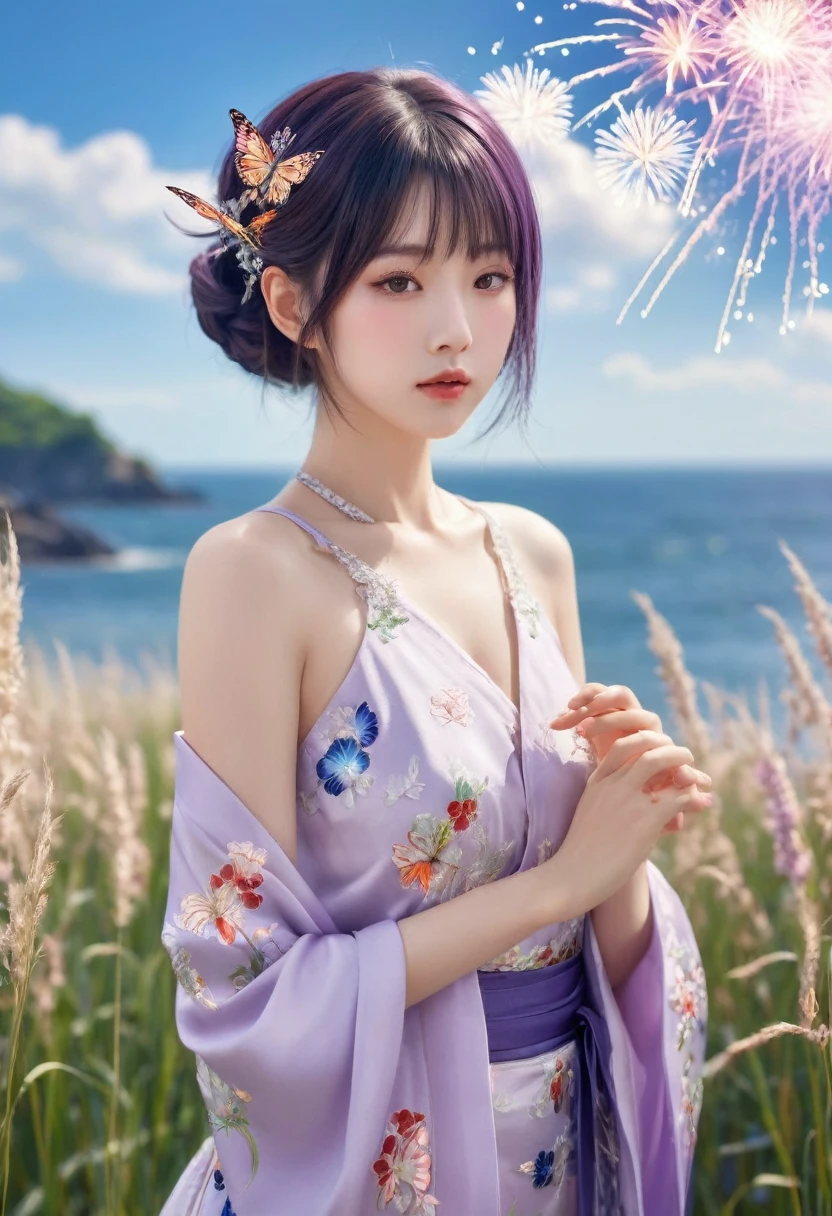 Top of the line CG, highest image quality, masterpiece,8k image quality, exquisite and delicate beautiful girl, ,Kochou Shinobu, Decorate hair with a butterfly, violet eyes, multi-colored hair, Short hair, Parted bangs, Japanese dress,grasses and flowers,gorgeous Fireworks in sky,covered_nipples