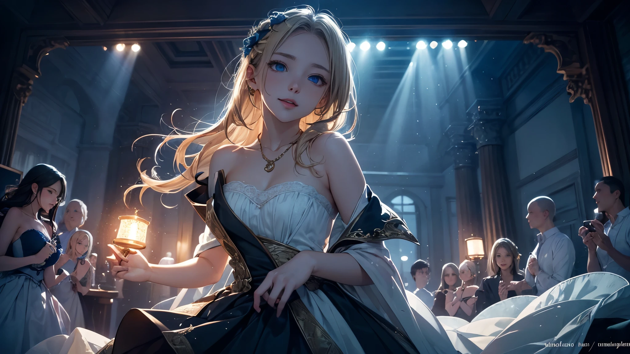 masterpiece),(top-quality:1.2),1girl in,(masuter piece:1.3),exquisitedetails, Highest quality 8K resolution, Ultra-detailed, Realistic, Vibrant colors, Soft tones, With warm and gentle lighting,(Smooth straight blonde hair:1.2),(Hair parted in the middle:1.3),(Glowing hair),(Dark blue eyes:1.3),White skin, hair clips,Small necklace,A gentle feeling overflows,The sun's rays illuminate joy and pure love, Warm golden glow,The atmosphere is full of happiness and laughter, As if celebrating love,Ultra-detailed depiction and vivid colors,A style that combines romanticism and realism,depth of love,color palettes,Create an ethereal atmosphere like a dream,Lighting is soft and diffused,masterpiece artwork,light light on the face,