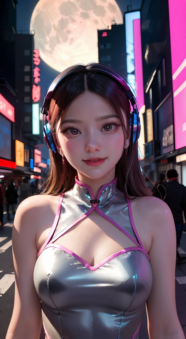 Singer, microphone in hand, cyberpunk microphone, singing, 1 girl, Chinese_clothes, liquid silver and pink, cyberhan, cheongsam, cyberpunk city, dynamic pose, glowing headphones, glowing hair accessories, long hair, glowing earrings, glowing necklace, cyberpunk, high-tech city, full of mechanical and futuristic elements, futuristic, technology, glowing neon, pink, pink light, transparent tulle, transparent streamers, laser, digital background urban sky, big moon, with vehicles, best quality, masterpiece, 8K, character edge light, super high detail, high quality, the most beautiful woman in human beings, micro smile, face left and right symmetry, ear antenna, beautiful pupil light effect, visual data