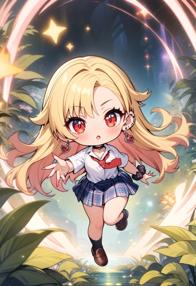 chibi, masterpiece, best quality, very aesthetic, absurdres, 1girl, full_body,Marin Kitagawa, long hair, blonde hair, red eyes, piercing, earrings, ear piercing, stud earrings, black choker, loose necktie, school uniform, white collared shirt, blue skirt, pleated skirt, plaid skirt, wrist scrunchie, long fingernails, pink nails, nail art,,in a botanical garden,glowing stardust frontground,fantasy,sparkling,fireflies,