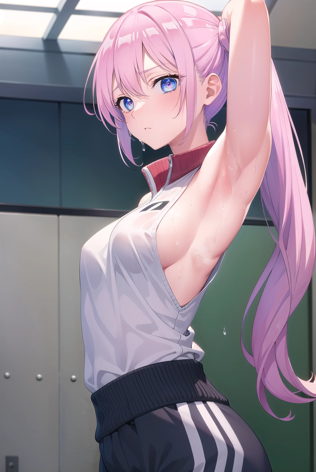 miyakoshikimori, miyako shikimori, long hair, blue eyes, hair between eyes, pink hair,
BREAK  sleeveless, side ponytail, track jacket, track suit,
BREAK looking at viewer,
BREAK indoors, classroom,
BREAK (masterpiece:1.2), best quality, high resolution, unity 8k wallpaper, (illustration:0.8), (beautiful detailed eyes:1.6), extremely detailed face, perfect lighting, extremely detailed CG, (perfect hands, perfect anatomy), ((armpits)), ((full of sweat)), sweaty, ((dripping wet armpits)), close up armpits, drooling over mouth 