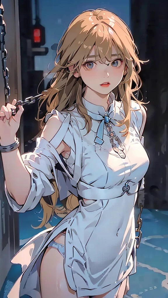 (superflat, masterpiece, flat shading, flat colors:1.1), Cinematic shot, Masterpiece, ((2 beautiful females)), blonds, halo, (hand in panties:1.3, hands on neck, choking:1.3), (chained:1.2, chains, tied, golden chain, chain around bodies , chained collar, handcuffs), big breast, stockings, slim, (fingering, female masturbation:1.2), (cold light, cold blue tones), flat blue background, highly detailed, best quality, closeup, from above, pentraration, vagina penetration
