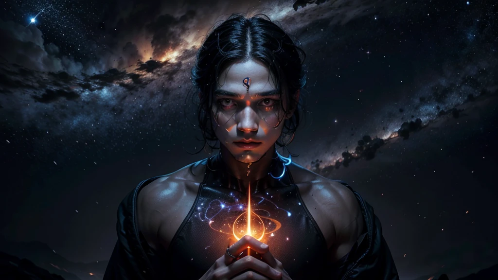 Mystical background with ORANGE AND BLACK tones, cosmic elements such as stars and nebulae. Man figure, with an expression of enlightenment, surrounded by a bright aura. Spiritual symbols. Title Icons representing the 9 signs around the central figure.