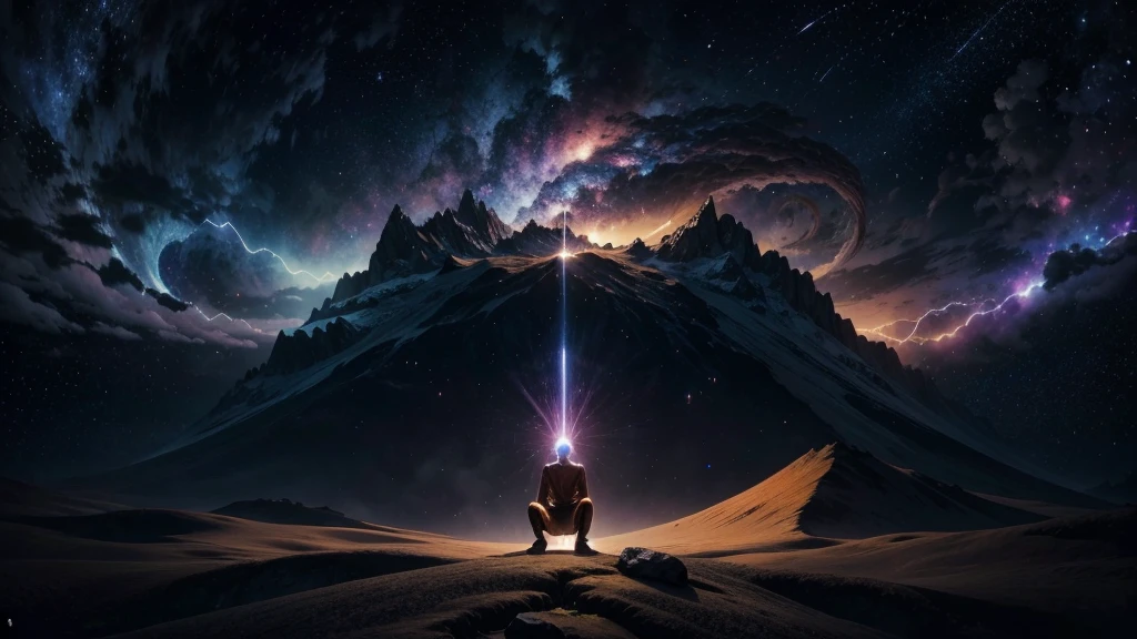 Mystical background with ORANGE AND BLACK tones, cosmic elements such as stars and nebulae. Man figure, with an expression of enlightenment, surrounded by a bright aura. Spiritual symbols. Title Icons representing the 9 signs around the central figure.