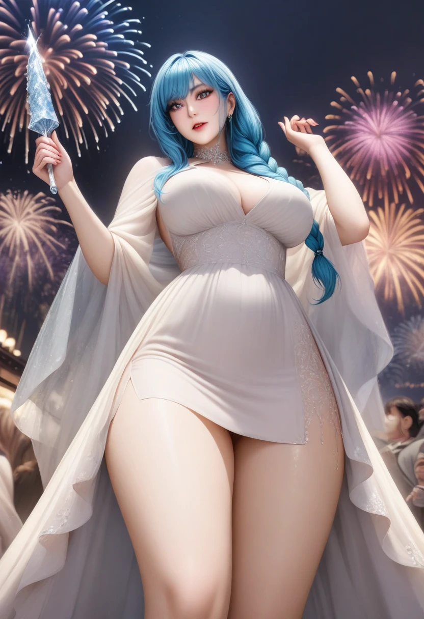 animetoreal, masterpiece, best quality, very aesthetic, absurdres, 1girl, _lady,,Turquoise hair,single braid,rose,dark_background, flower, ice_flower, icicle,,gorgeous Fireworks in sky,from below