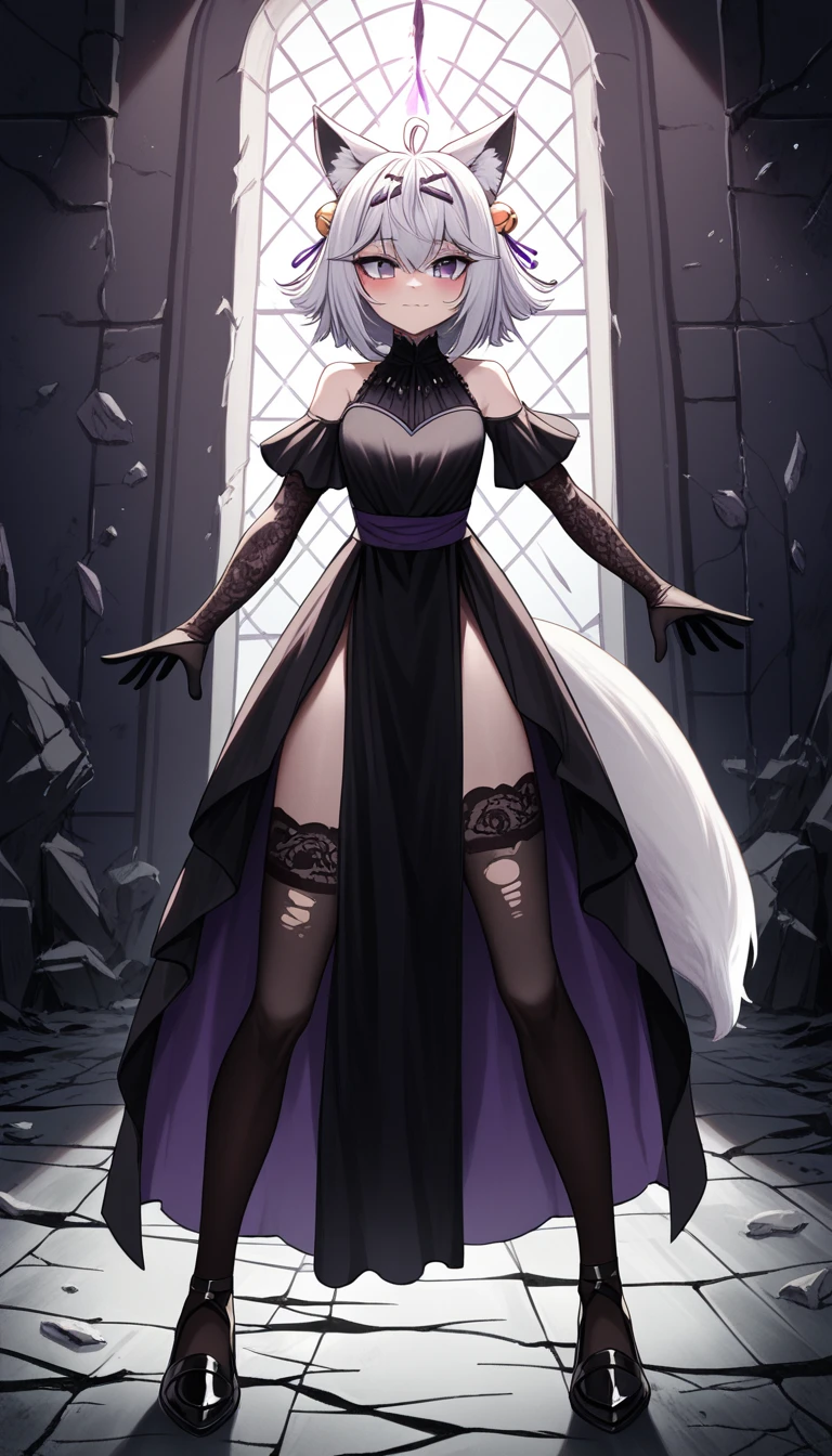UHD, masterpiece, best quality, ((Night)), ((castle ruins)), ((battlefield)), ((destroyed empty throne)), ((destroyed walls)), broken glass, broken window, messy background, scary background, dramatic lighting, moody atmosphere, scary atmosphere, 1girl, solo, royalty, ((pageant pose)), conservative pose, black gown with purple ribbon, high 1slit dress with purple lining design, very elegant dress, Filian, ((fox tail)), ((small cat ears)), white hair, shoulder length hair, fly-away hair, ahoge, hairclip, hair bell, big round eyes, deep purple eyes, ((dark purple eyes)), blush, closed mouth, seductive smile, black lace arm sleeve, black gloves, thick arms holding royal staff, ((black lace stockings)), thick legs, black high heals, Eye-Level Shot, full body pose, elegant pose, front view